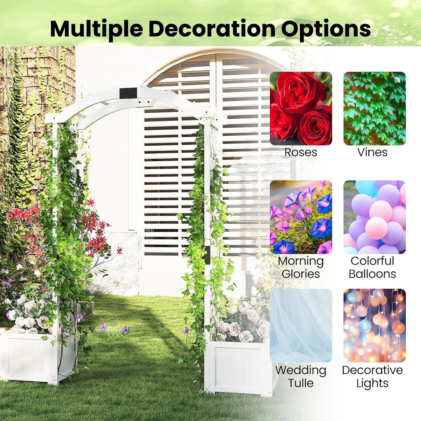 Happygrill Garden Arbor with Planter Boxes, Outdoor Wedding Arch with Trellis for Climbing Plants Vine Vegetables Herbs, Wooden Arbor Archway for Ceremony, Party (White)