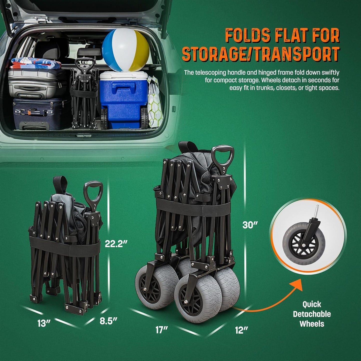 Folding Beach Wagon with Big All-Terrain Wheels for Off-Road Use (Sand/Gravel/Camping Trails) Extra Large Utility Cart with 9" Heavy-Duty Rubber Tires [Outland-XL by Stratton Forge] Black