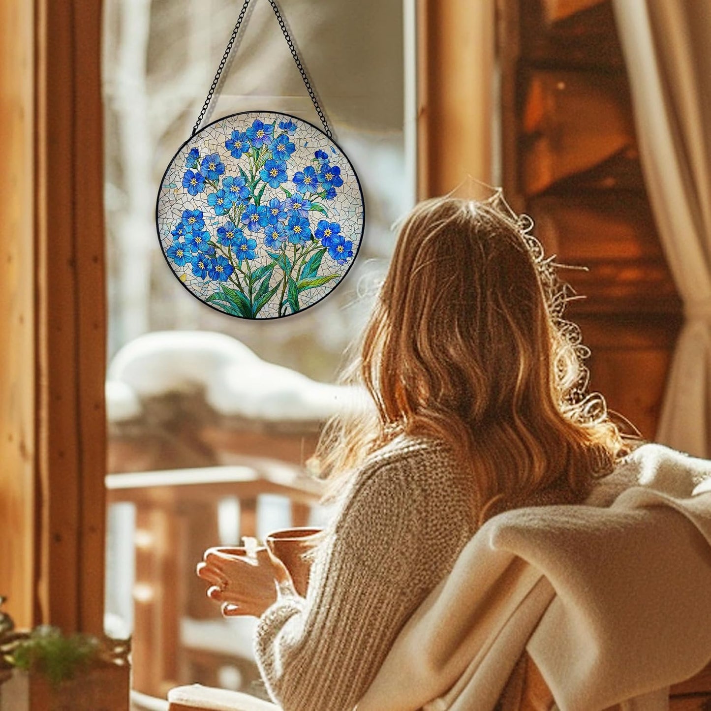 Blue Forget Me Not Flower Suncatcher Stained Glass Window Hanging, Blue Floral Sun Catchers Indoor Window Glass Round Wall Decor, Floral Wall Art Hanging Decorations, ＂7.8x7.8＂