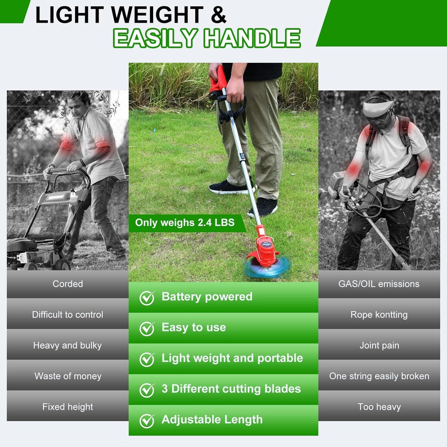 Cordless String Trimmer & Weed Eater, Electric Weed Wacker & Lawn Edger Tool Battery Powered with 3 Types of Blades, Lightweight Grass Trimmer with 2*21V Battery, Brush Cutter for Lawn Garden