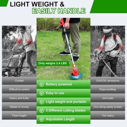 Cordless String Trimmer & Weed Eater, Electric Weed Wacker & Lawn Edger Tool Battery Powered with 3 Types of Blades, Lightweight Grass Trimmer with 2*21V Battery, Brush Cutter for Lawn Garden