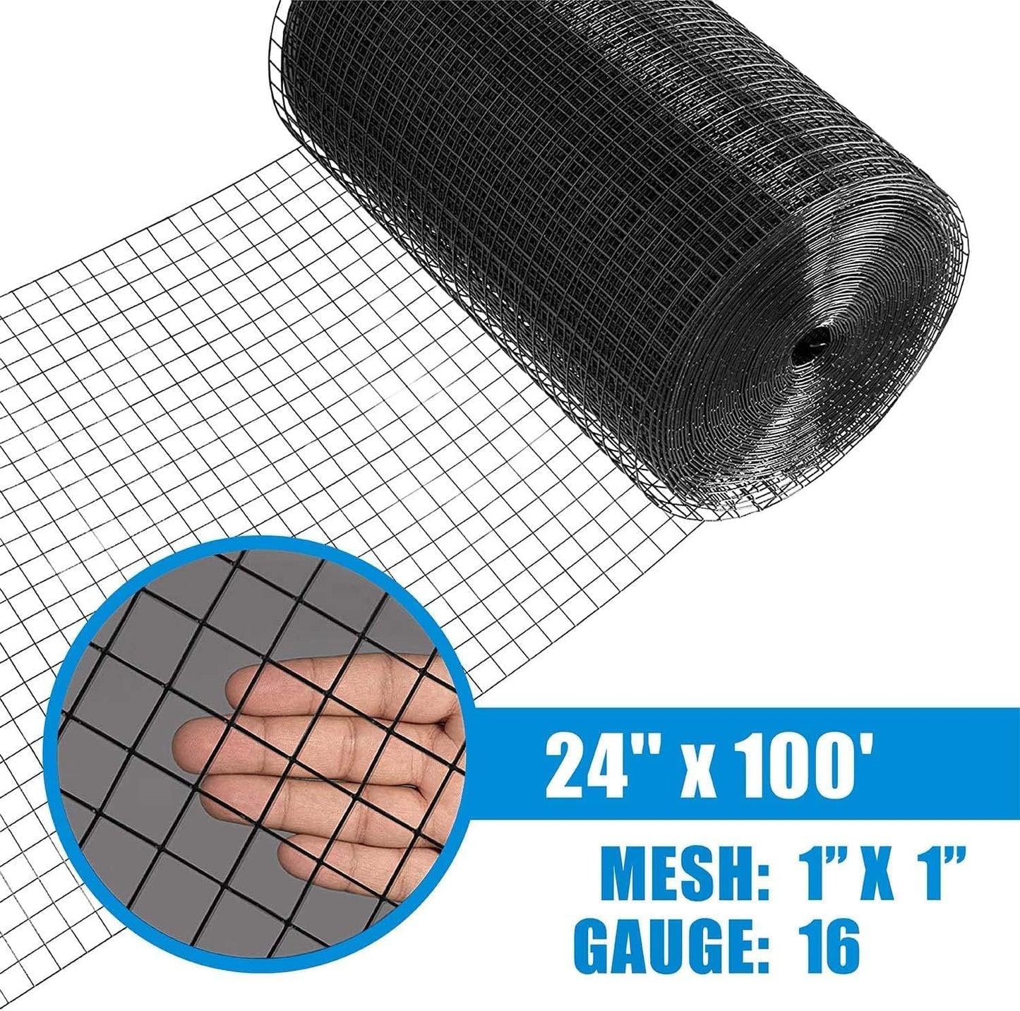 Fencer Wire Hardware Cloth with 1-Inch Grid, 16 Gauge Black Vinyl Coated Welded Fence Mesh Roll for Home and Garden Fence and Pet Enclosures Protect (24 Inch x 100 ft.)