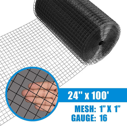 Fencer Wire Hardware Cloth with 1-Inch Grid, 16 Gauge Black Vinyl Coated Welded Fence Mesh Roll for Home and Garden Fence and Pet Enclosures Protect (24 Inch x 100 ft.)