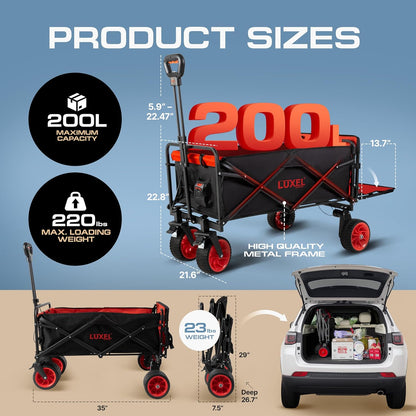 Electric Foldable Collapsible Wagon Cart 220lbs Capacity - Heavy Duty Wagons 200L with All Terrain Wheels & Tailgate - Beach Canvas Utility Carts - Portable for Outdoor Camping Shopping Sports Hiking