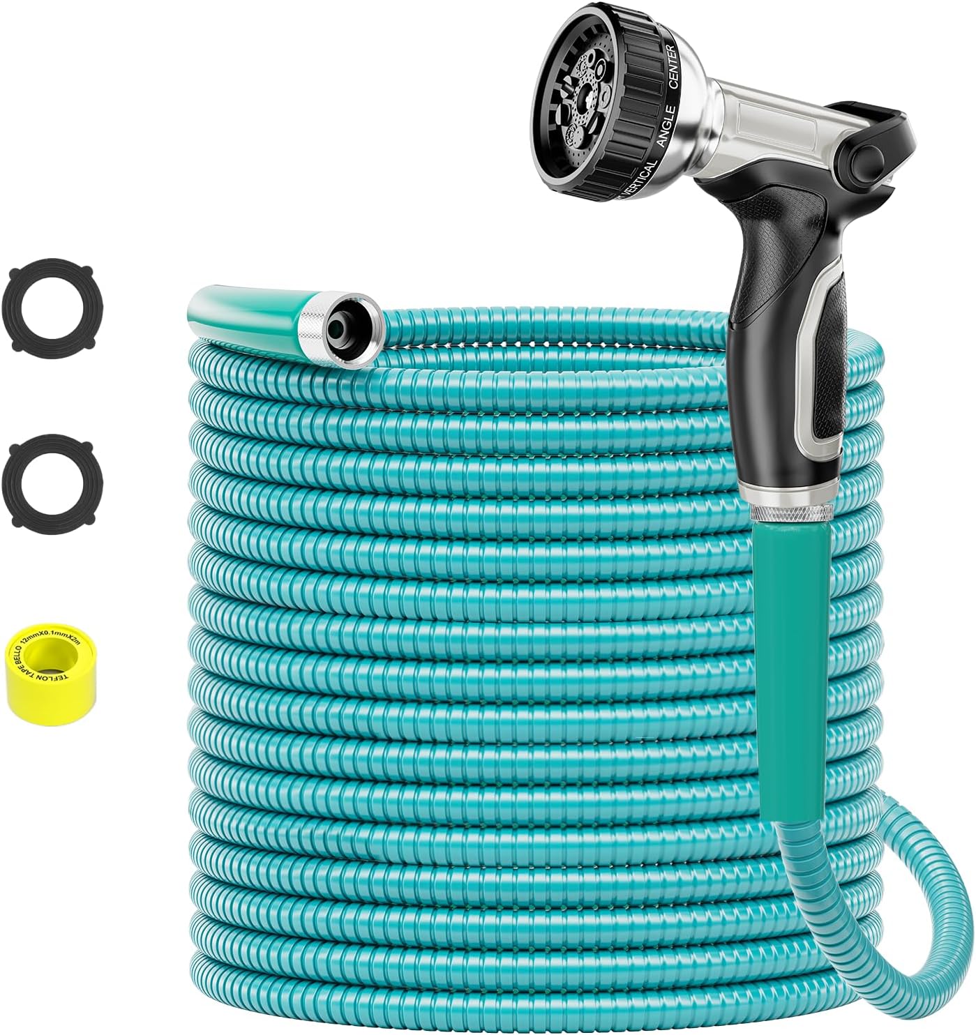 SPECILITE 50ft 304 Stainless Steel Garden Hose Metal, Heavy Duty Water Pipe with Nozzles for Yard, Outdoor - Flexible, Never Kink & Tangle, Puncture Resistant (Sky Blue)