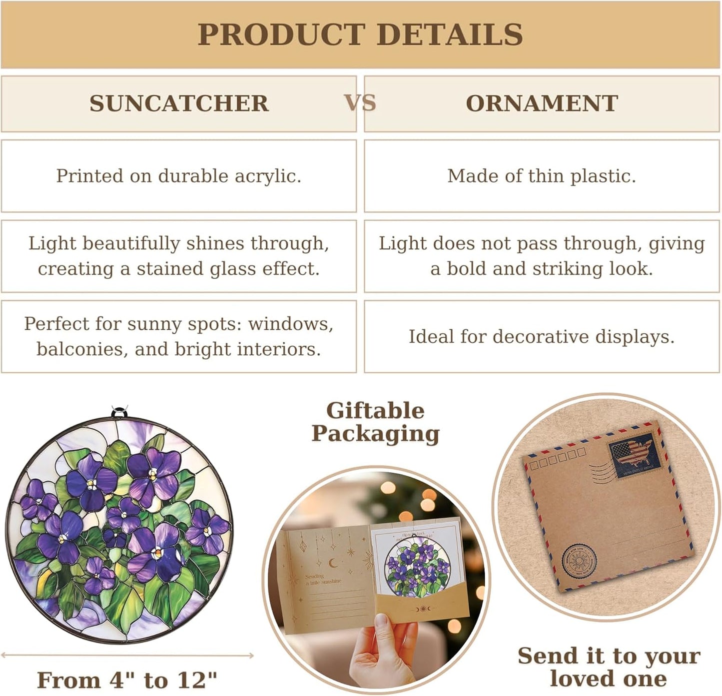 Violets Flower Acrylic Suncatcher Stained Glass Effect Window Car Hanging Christmas Ornament Indoor Outdoor Decor Garden Sun Catcher Panel Gifts for Flower Lover for Women Mom Grandma
