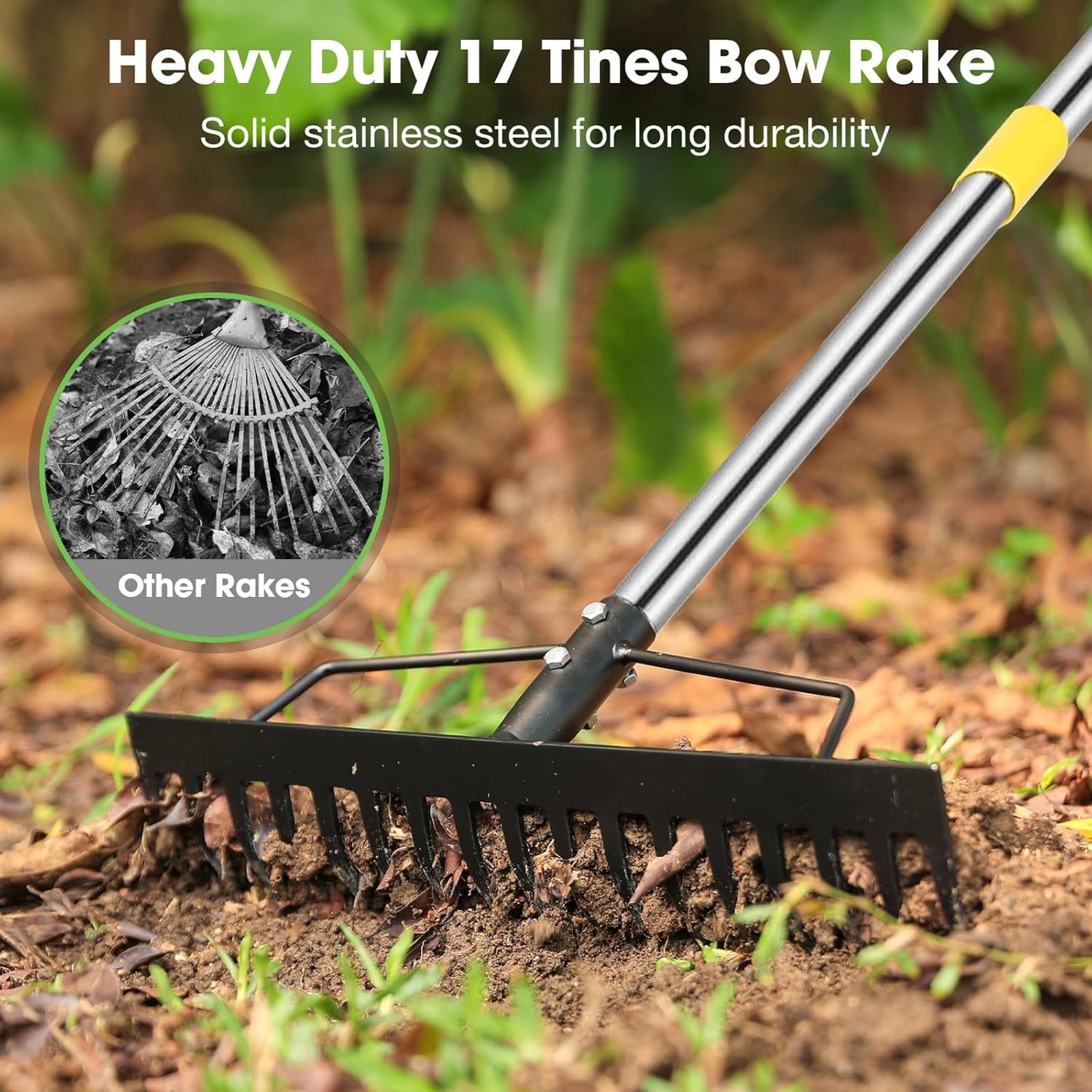 Heavy Duty Garden Rake for Leaves - 17 Tine Metal Head & Adjustable Stainless Steel Handle, 17" Wide 5.58FT Yard Rake for Shrub Leveling/Grass Care