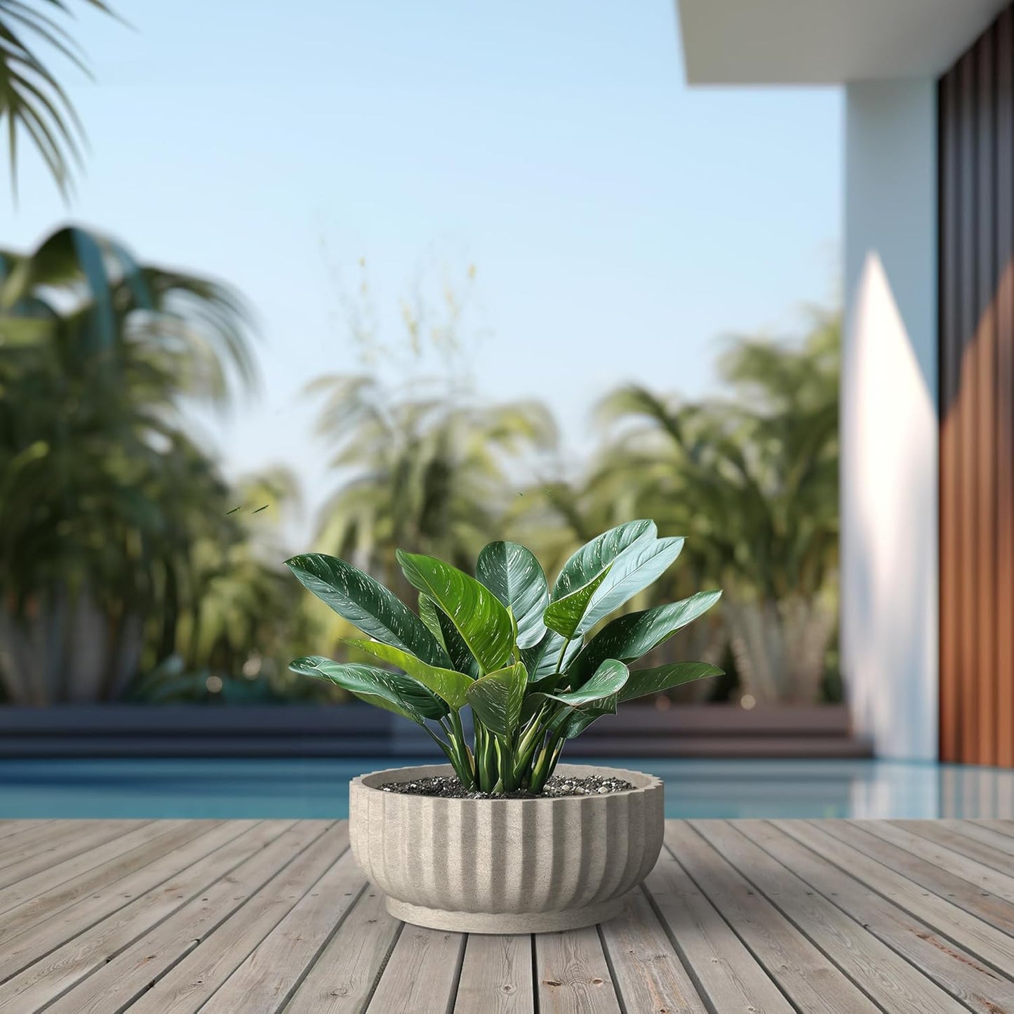 Kante Round Fulted Bowl Planter, 20.9 Inch Dia Large Concrete Flower Pots with Drainage Hole and Rubber Plug, Suitable for for Indoor Outdoor Plants, Home, Patio, Garden, Weathered Concrete