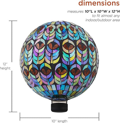 Alpine Corporation 10" Diameter Indoor/Outdoor Glass Mosaic Gazing Globe Yard Decoration, Peacock Feather Design