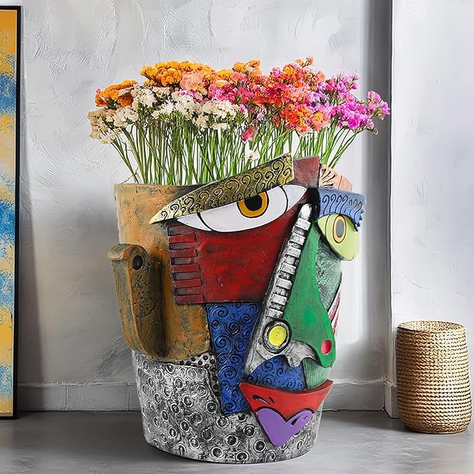 Picasso Brutalist Abstract Beauty Face Flower Pot Ornaments Abstract Face Flower Pots Abstract Head Planter Pots Container Colorful Face Art Abstract Resin Flower Pot (Picasso abstract flowerpot)