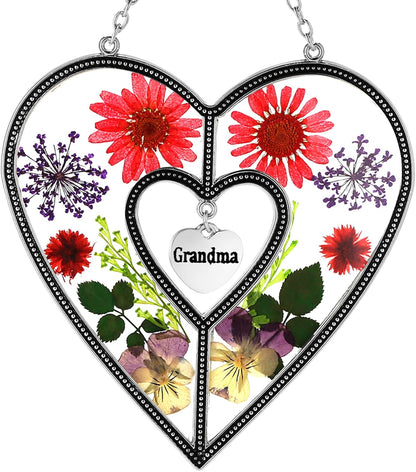 KY&BOSAM Suncatcher Grandma Gifts Heart Stained Glass Wind Chimes for Outside Really Flower Colorful with Meatl Grandma Heart Charm Outdoor for Garden Windows Indoor Home Trees Patio Yard Porch Decor