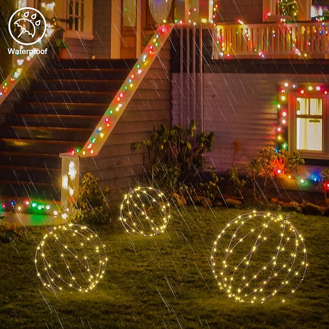 LIGHTSHARE 248LED 12IN+16IN+20IN Light Ball Yard Decoration Pathway Lights Brown Sphere Light Fold Flat Metal Frame Indoor Outdoor Waterproof Garden Lights, Plug in(Set of 3)