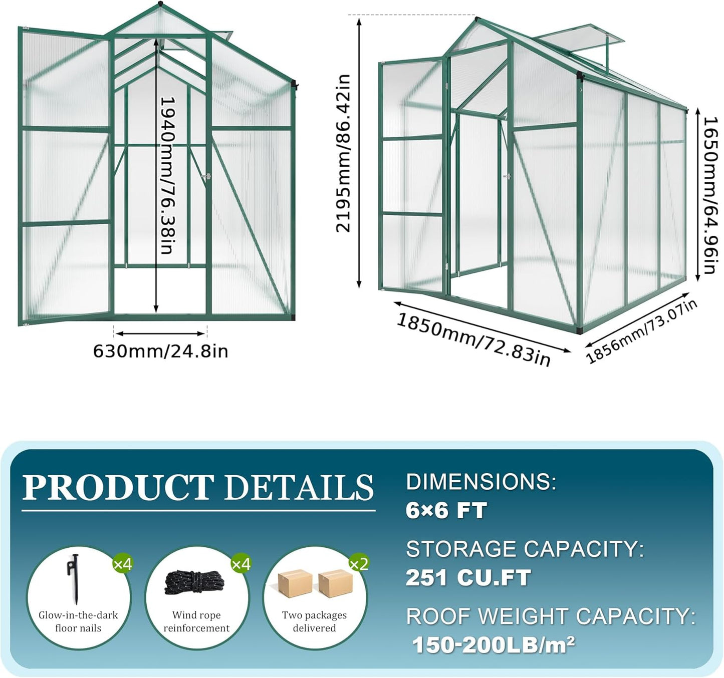 6*6.2*7.2FT Greenhouse for Outdoors, Polycarbonate Greenhouse with Stronger Wind Protection and Roof Vent, Walk-in Large Aluminum Sunroom Winter Proof, Green