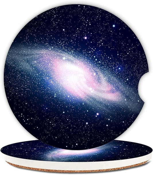 Pink Glowing Galaxy Space Stars Car Coasters,Ceramic Absorbent Cup Holders with Finger Notch & Cork Base Car Assecories for Women/Men 2.6"(2 Pieces)