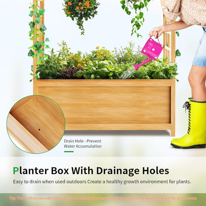 SUNYRISY Raised Garden Bed with Arch Trellis, Wooden Outdoor Vertical Planter Box for Climbing Plant Vine Flowers Vegetables, Planter Raised Bed with Hanging Roof and Drainage Holes