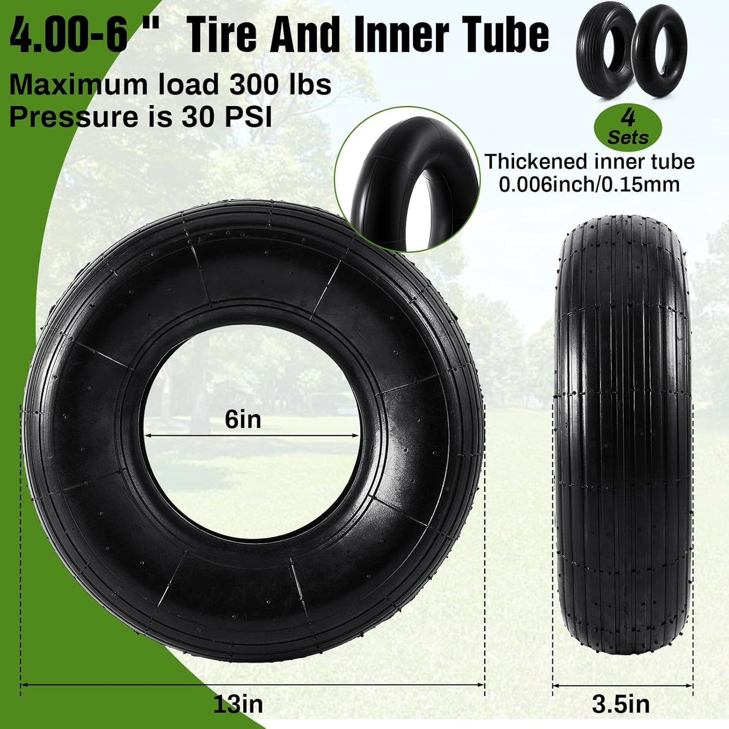 4 Sets 13'' 4.00-6 Replacement Tire and Inner Tube Set Heavy Duty 4.00-6 Tire and Wheel with TR13 Straight Valve Stem and Ribbed Tire Treads, for Wheelbarrow Trolley Garden Wagon Wheels