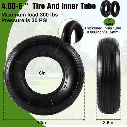 4 Sets 13'' 4.00-6 Replacement Tire and Inner Tube Set Heavy Duty 4.00-6 Tire and Wheel with TR13 Straight Valve Stem and Ribbed Tire Treads, for Wheelbarrow Trolley Garden Wagon Wheels