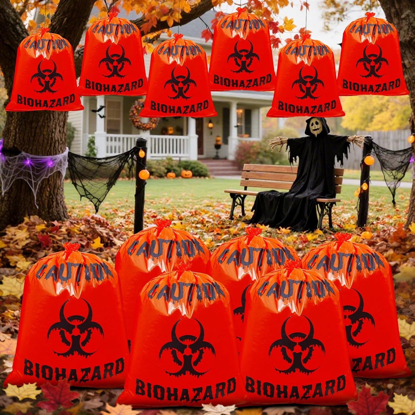 12 Pcs Large Halloween Leaf Bags Biohazard Halloween Decorations Halloween Trash Bags for Leaves Plastic Yard Lawn Waste Bags Scientist Biohazard Bags Outdoor Biohazard Zombie Party Decorations (Red)