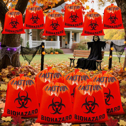 12 Pcs Large Halloween Leaf Bags Biohazard Halloween Decorations Halloween Trash Bags for Leaves Plastic Yard Lawn Waste Bags Scientist Biohazard Bags Outdoor Biohazard Zombie Party Decorations (Red)