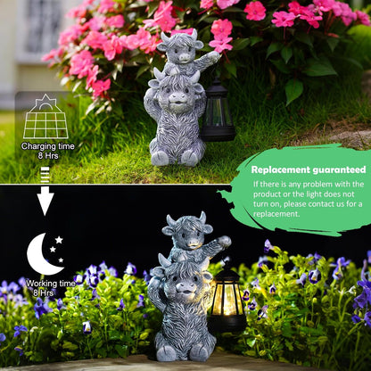 Solar Highland Cow Garden Decor - Resin Cow Statue with Solar Lantern Outdoor Yard Patio Decor - Ideal Gifts for Women,Mom Men (Grey)