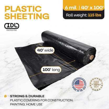 Black Construction Plastic Sheeting 6 mil, 40' x 100' (4000 sq. ft.) - Thick Plastic Cover for Construction, Painting, Greenhouse - Heavy Duty Plastic Sheeting - LDPE Plastic Roll by IDL Packaging