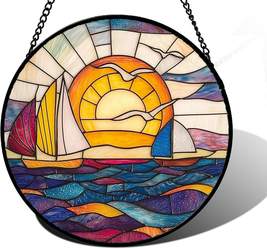 Stained Glass Window Hanging, Sailboat and Waves Suncatcher Diamond Glass Panel Hangings Sun