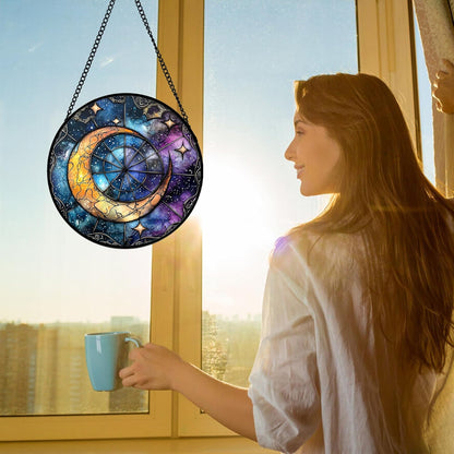 Stained Glass Window Hanging, Blue Starry Sky Moon Astrolabe Suncatcher for Doors Home Sun Catchers Decoration and Christmas, Mother's Day Birthday Gifts for Women, Men, and Mom 11.8x11.8 in