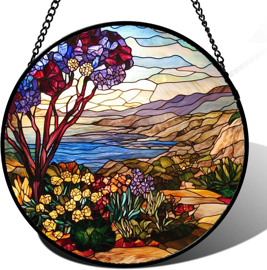 Stained Glass Window Hanging Retro Wildflowers Lake Mountain Scenery 9.8" - Suncatcher Door Garden