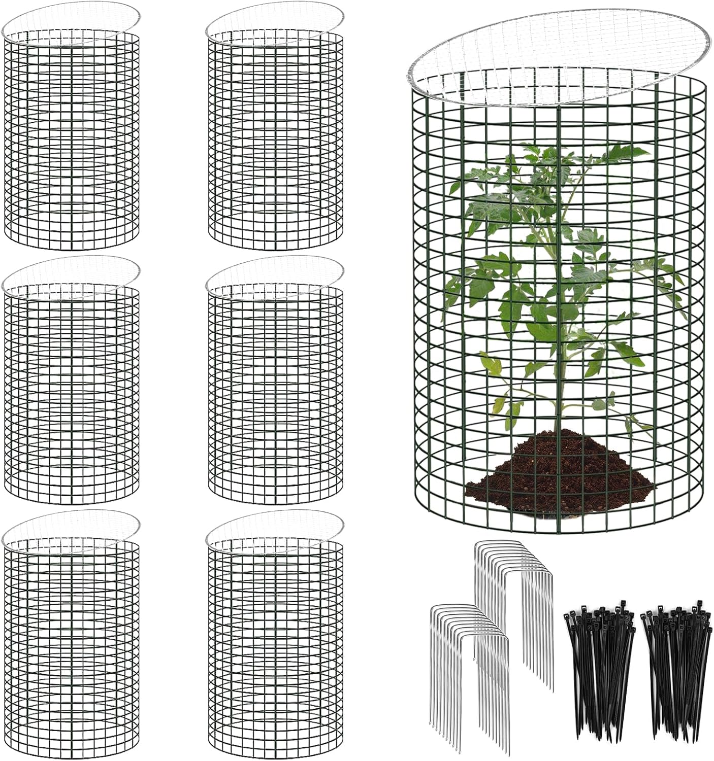 6 Sets of 18'' x 12'' Garden Plant Protectors from Animals with Detachable Covers Metal Plant Cage Chicken Wire Cloche with Ground Stakes and Nylon Tie Wire Plant Cage to Keeping Bunny Animals Out