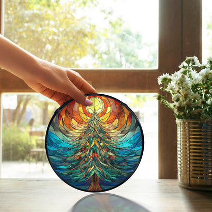 TNUW Christmas Tree Stained Glass Window Hanging, Rustic Winter Christmas Tree Sun Catchers Indoor Window Glass Round Wall Art Decor, Xmas Wall Hanging Decorations, 7.9＂x7.9＂