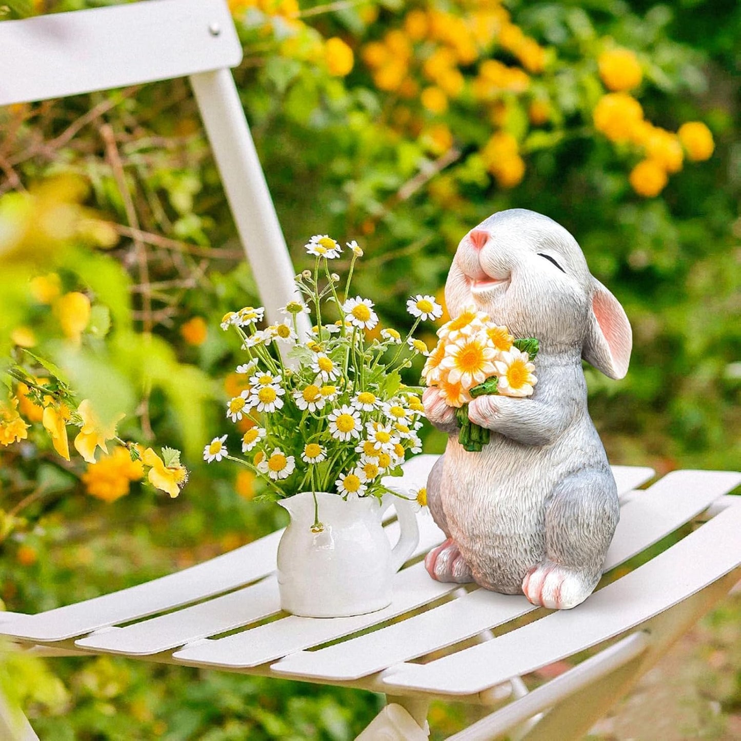 Solar Rabbit Garden Statues Outdoor Bunny Decor Resin Rabbit Figurine Holding Sunflower with LED Lights for Proch Patio Lawn Yard Christmas Mothers Day Gardening Gifts for Mom Grandma