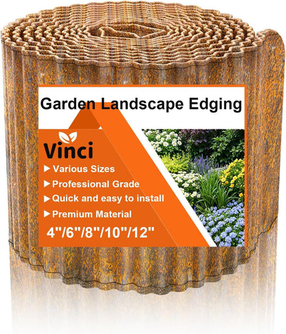 Vinci Garden Landscape Edging Border, 10 Inch x 10 FT Corrugated Sturdy Metal Easy Installation Safe Hemmed Lawn Garden Border Edges for DIY Flower Beds,Pathways and Patio Design (Rusted)