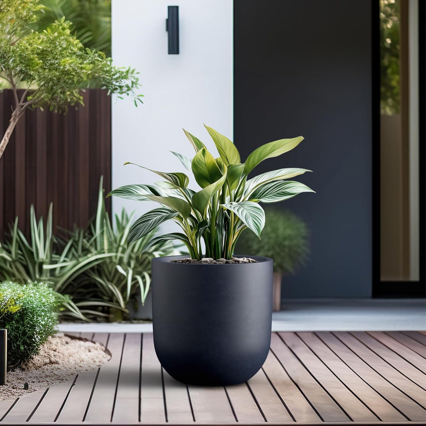 Kante 11.0" Round Concrete Planter, Large Cylinder Plant Pot with Curved Bottom and Drainage Hole, for Indoor and Outdoor Use – Garden or Patio, Charcoal Finish with Warm Brown Interior