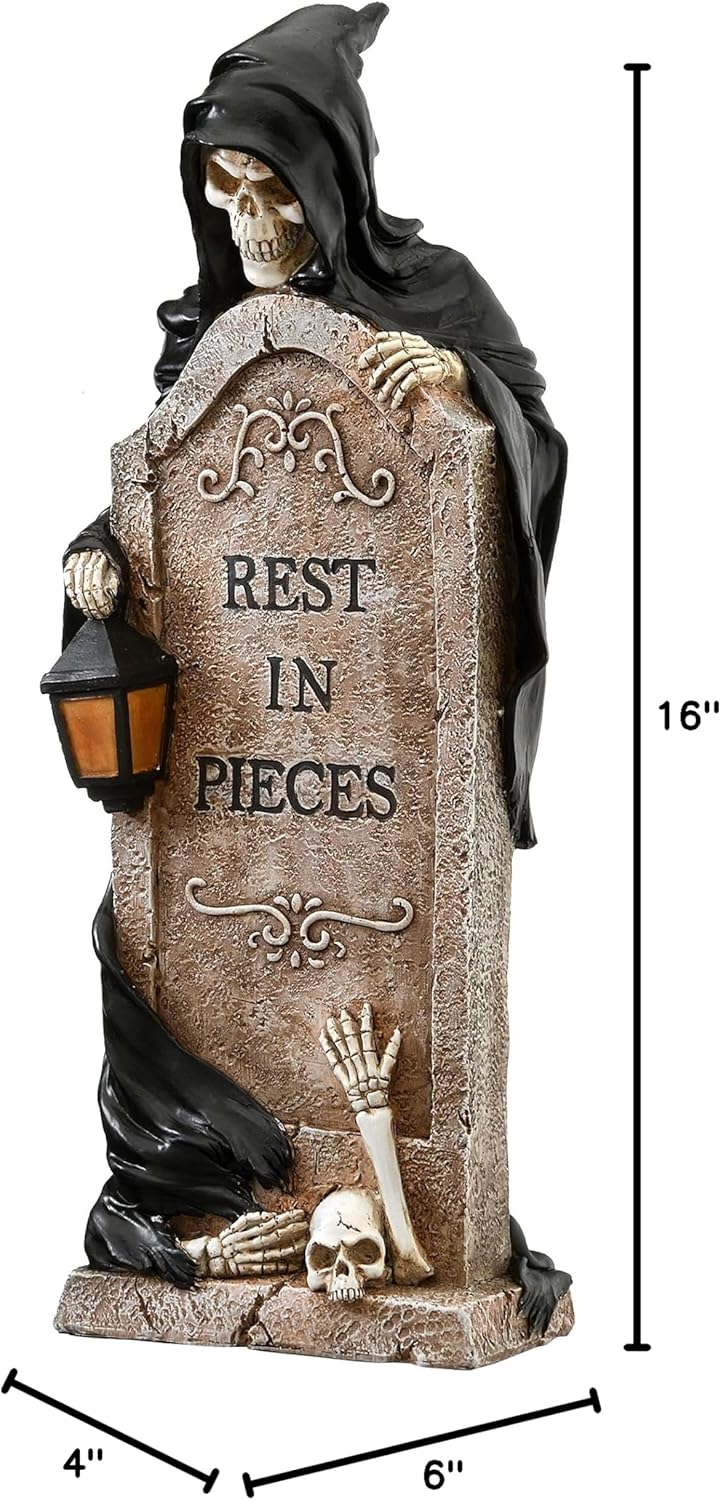 National Tree Company Skeleton Grim Reaper Standing with a Gravestone Decoration, Halloween Collection, 16 Inches