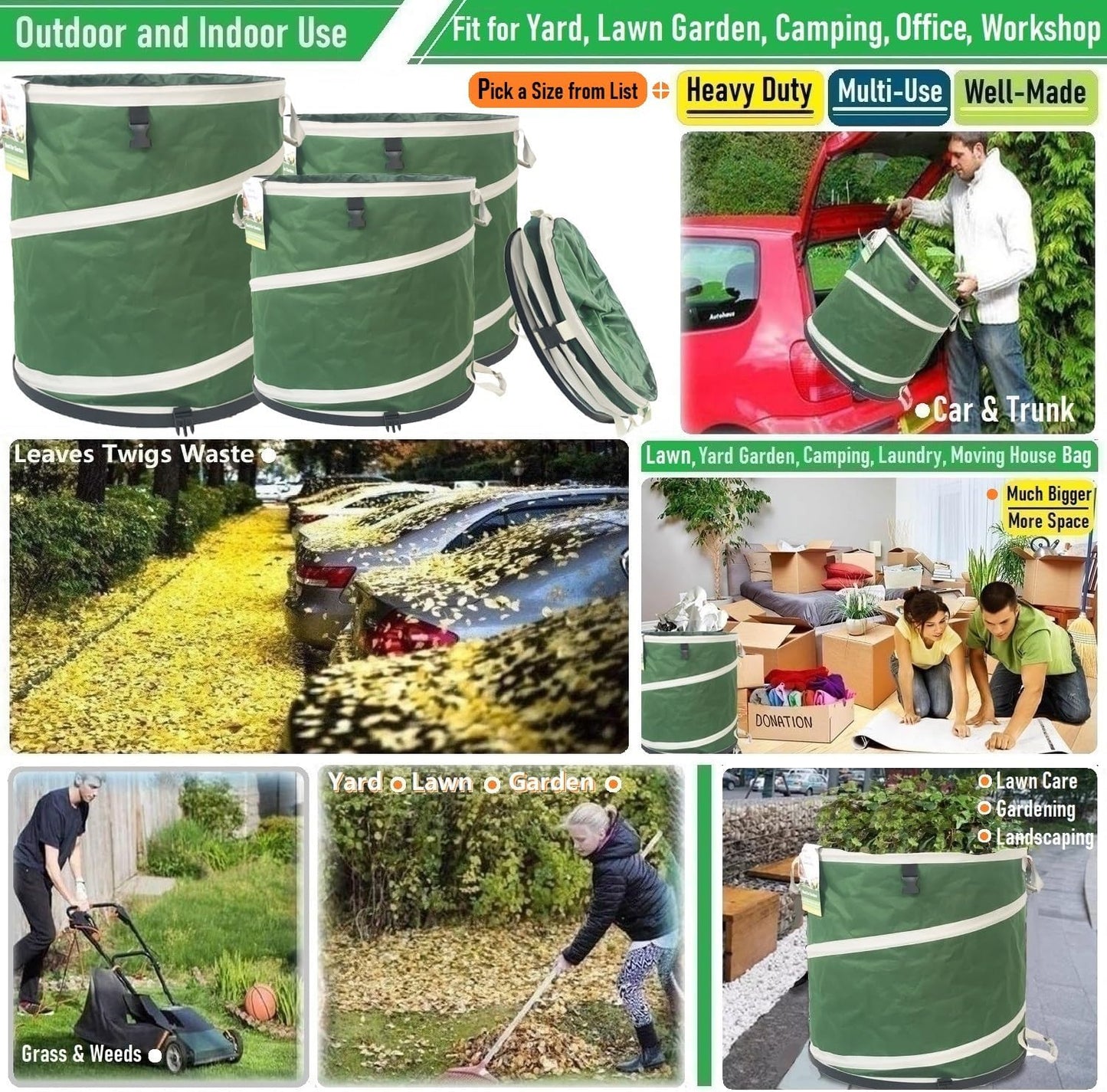 24 Gallon and 46 Gallon Collapsible Trash Can Solid Bottom for Yard Waste Bag,Garden Debris Bag,Pop-Up Trash Can,Recycling Bin,RV Camping Waste Bin,Laundry Hamper,Lawn Grass,Yard Weeds Bags,Leaf Bags