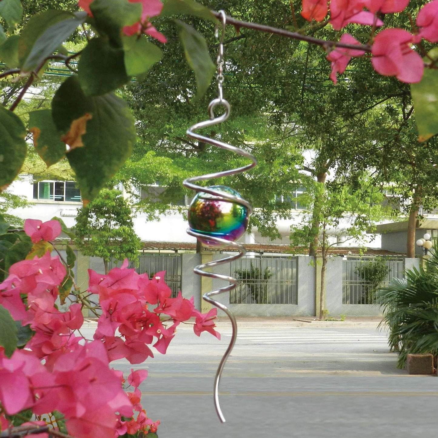 Fonmy Gazing Ball Spiral Tail -Decorative Wind Spinner 11 inch Tail and 2 inch Steel Orb. Indoor Outdoor Garden Decoration Silver Multi Color Ball -13 inch Height