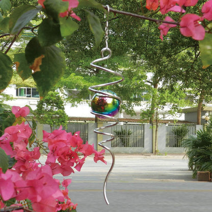 Fonmy Gazing Ball Spiral Tail -Decorative Wind Spinner 11 inch Tail and 2 inch Steel Orb. Indoor Outdoor Garden Decoration Silver Multi Color Ball -13 inch Height