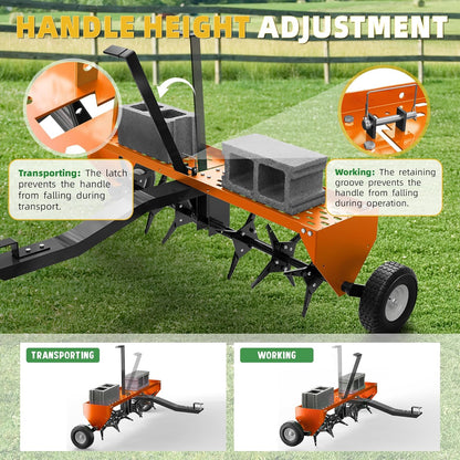 40" Lawn Aerator Tow Behind, Pull Behind Aerator with Universal Hitch, 24 Galvanized Steel Tines, Tray and Pneumatic Tires, Plug Behind Aerator is Suitable for Gardens, Lawns and Farms