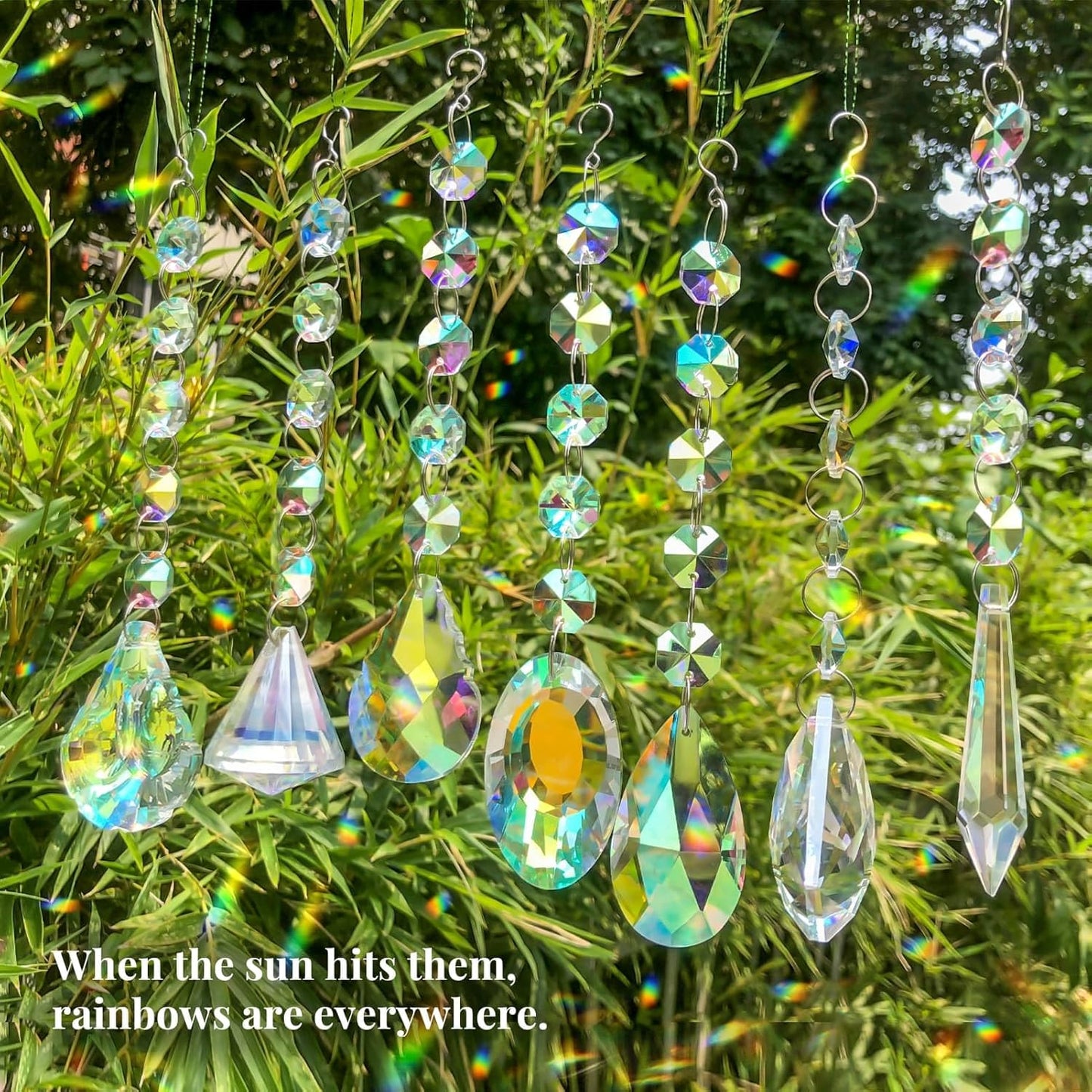 Sun Catchers with Crystals, 7 Pcs Hanging Crystals Suncatchers for Windows, Colored Suncatchers Prisms Glass Pendant for Chandeliers, Garden, Christmas Tree Decoration