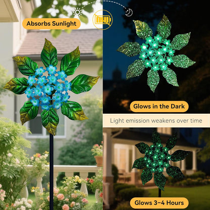 Solar Glow Garden Wind Spinner Outdoor, 13" W Flower Metal Wind Spinner & Sculptures with Fluorescent Coating, Kinetic Windmill for Yard Lawn Patio Decor, Blue