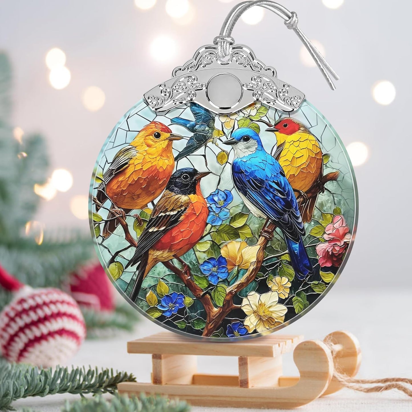 Birds on Branches Stained Glass Orament - Christmas Ornament - Christmas Decorations for Tree - Holiday Present ldeas - Gift Exchange