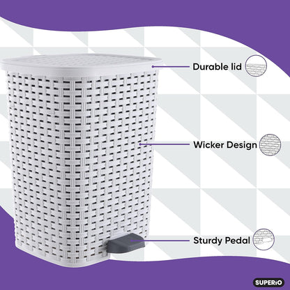 Superio Small Outdoor Trash Can with Lid for Dog Poop 6.8 Gallon/26 L Step On Plastic Garbage Can with Foot Pedal for Bathroom, Bedroom, Office, Patio, Wicker Smoke