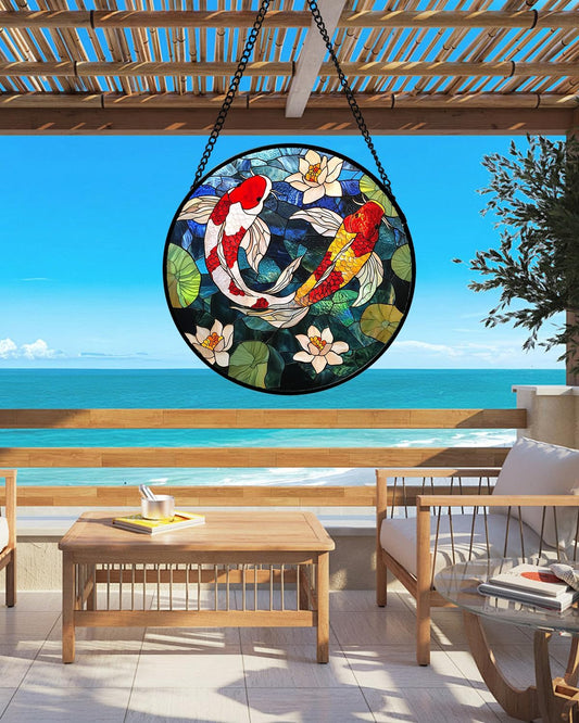 Stained Glass Window Hanging, Koi and Lotus Sun Catcher for Door Home Decor Fish Suncatcher