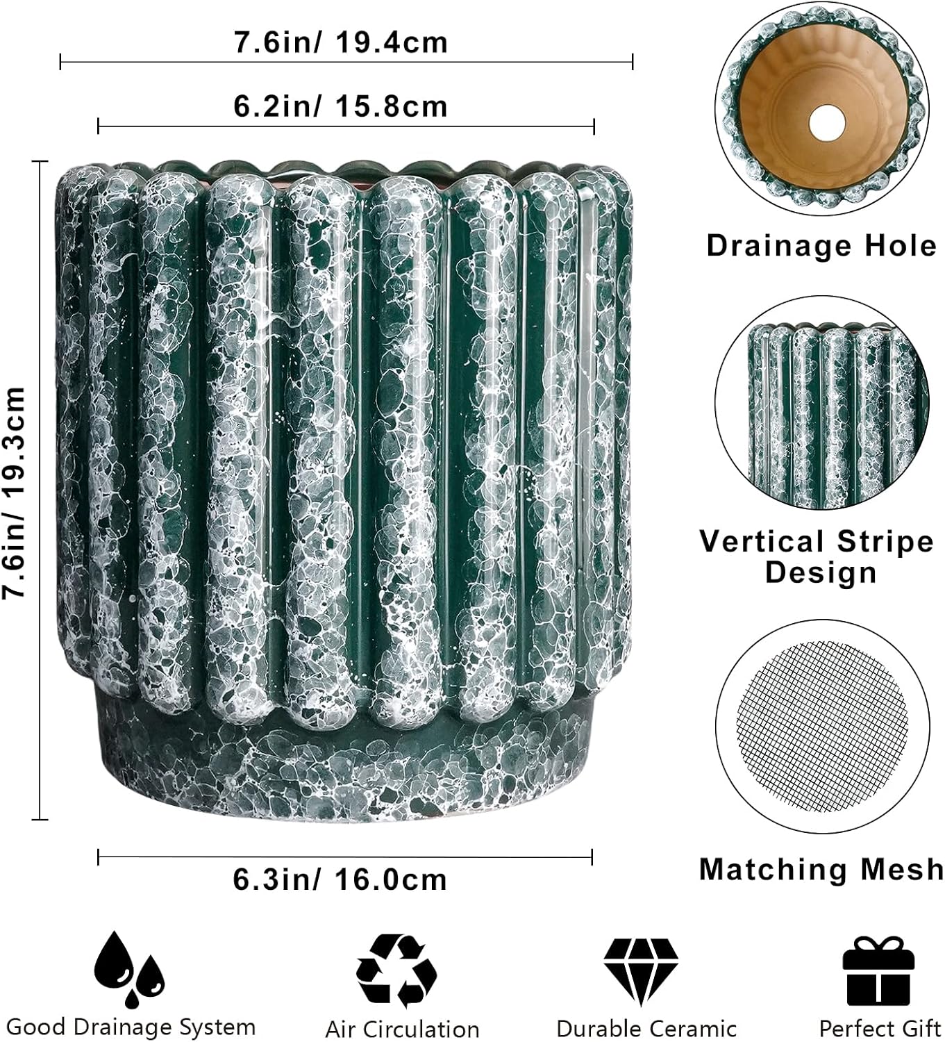 Ceramic Flower Pots 7.6 Inch - Ceramic Planters for Indoor Outdoor Plants, Decorative Plant Pot with Drainage Hole, Round Fluted Planter, Home Room Decor, Housewarming Gifts, Green