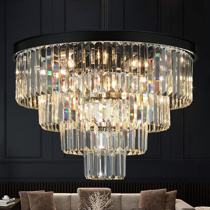 Crystal Chandeliers for Dining Room Lights Fixture Over Table, 15 Lights Black Modern Chandeliers for Living Room, 4-Tier Round Crystal Lighting Fixtures for Bedroom Entryway Kitchen Island D24 Inch