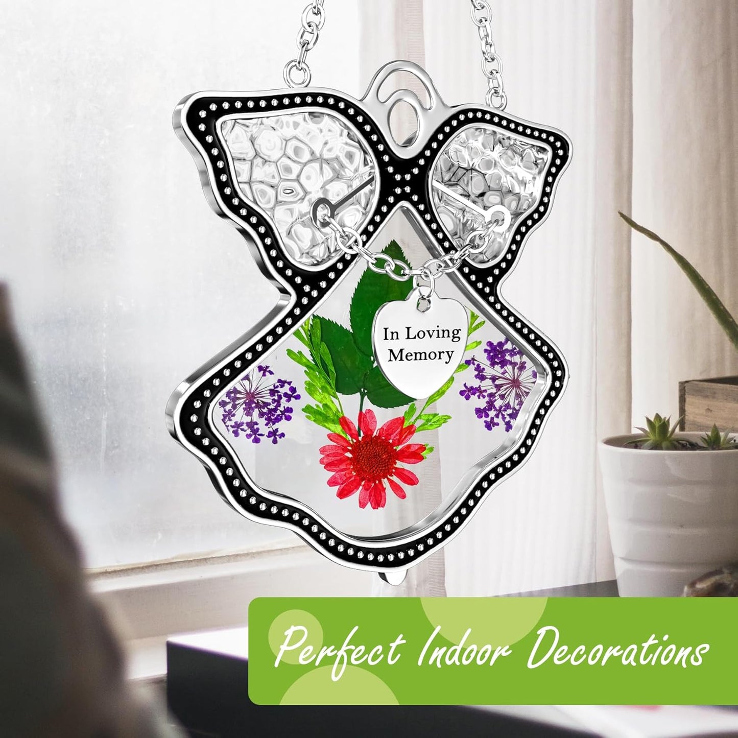 KY&BOSAM Angle Suncatcher in Loving Memory Glass Sun Catchers for Windows Hanging Wind Chime Ornament Pressed Real Flower and Metal Heart Charm Sympathy Bereavement Memorial for Loss Gift