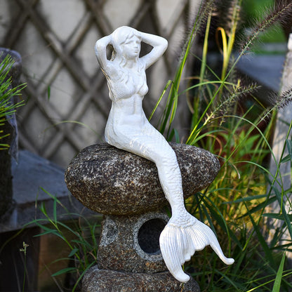Sungmor 14.3" Tall Large Cast Iron Mermaid Statue, Sitting Mermaid Sculpture Decoration for Pool Pond Birdbath Shelf Desk, Rustic White Garden Figurines for Indoor Outdoor Fish Tank Fountain Rockeries