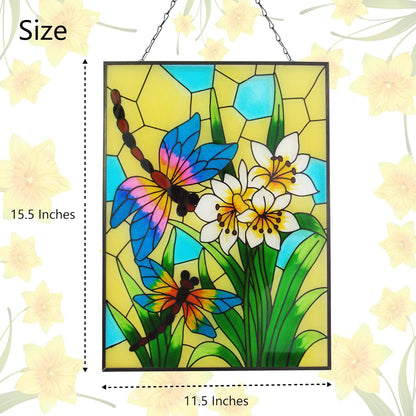 Stained Glass Window Hanging, Dragonfly Glass Art Decor, Sun Catchers Indoor Window, Rectangle Suncatchers for Windows Hanging, Stained Suncatcher for Room Balcony Garden Patio