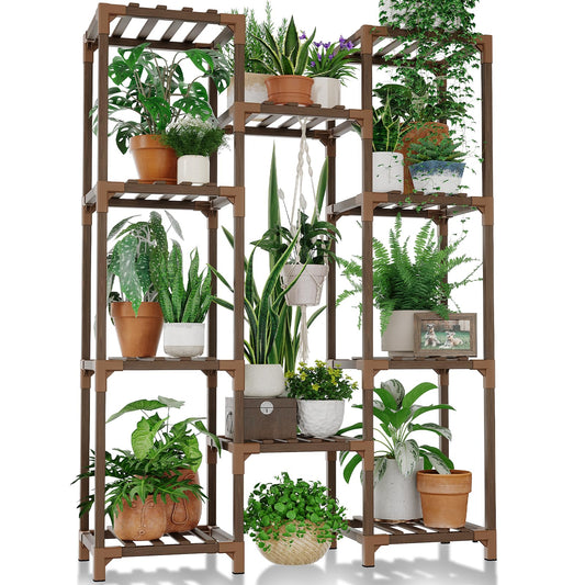 Bamworld Plant Stand Indoor Outdoor Tall Plant Shelf for Multiple Plants Pots Wood Flower Stand