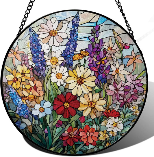Colorful Wildflowers Suncatcher -7.9 in Stained Glass Window Hanging Sun Catcher Garden Decor